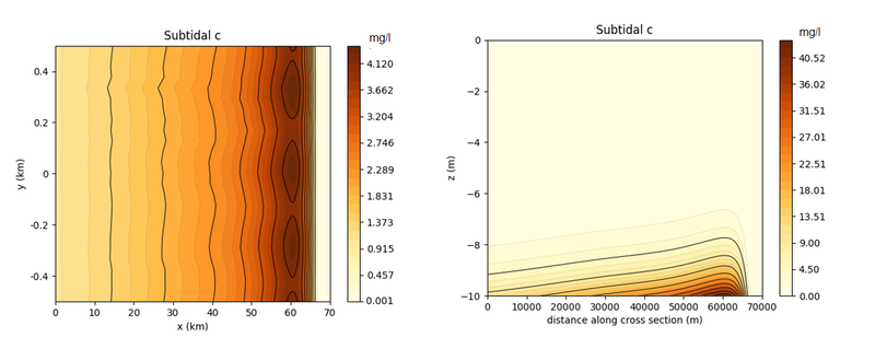 Fig 1. Preliminary results of the subtidal Suspended Sediment Concentration (SSC) in a rectangular estuary with a flat bed and prescribed salinity field. Here, x is the longitudinal coordinate, y the lateral coordinate and z the vertical coordinate. Left, top view of the depth-averaged SSC and right, a longitudinal cross-section of the SSC at y=0.