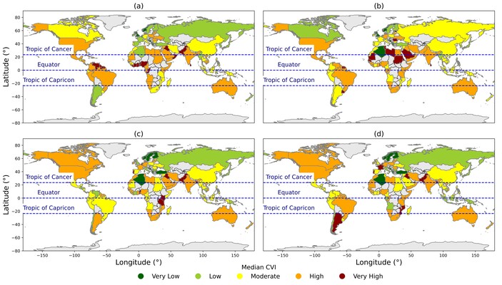 Figure 1: Median CVI classes calculated at the country level for the four CVI methods suggested by (a) López et al., (2016), (b) (Thieler & Hammar-Klose, 2000), (c) (Shaw et al., 1998) and (d) (Gornitz, 1991)