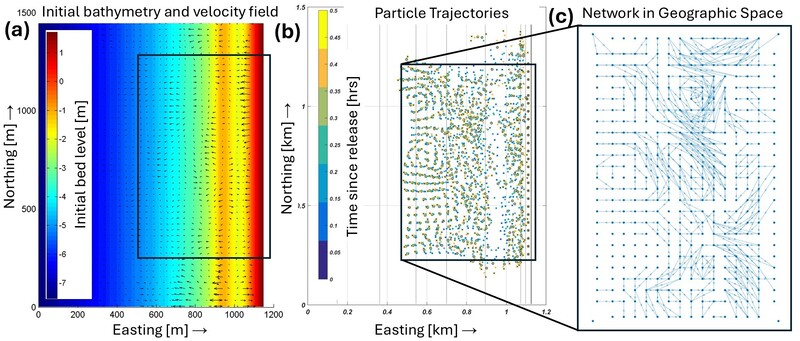 Figure (1). Simulation results (The black solid rectangle highlights the section chosen to be the SedTRAILS domain). (a) morphostatic Delft3D results - initial bathymetry and velocity field used as inputs of SedTRAILS. (b) SedTRAILS results – evolution of the positions of the particles from their initial configuration (blue) to final state (after 30 minutes; yellow). (c) SedTRAILS results - the resultant sediment connectivity network in geographic space with uniform resolution of 40 meters.